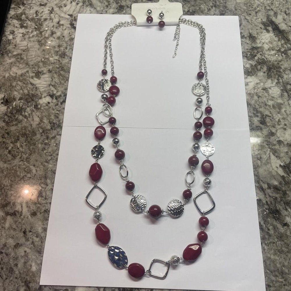 Color Kohl’s Necklace And Pierced Earrings Costume Set Silver Tone